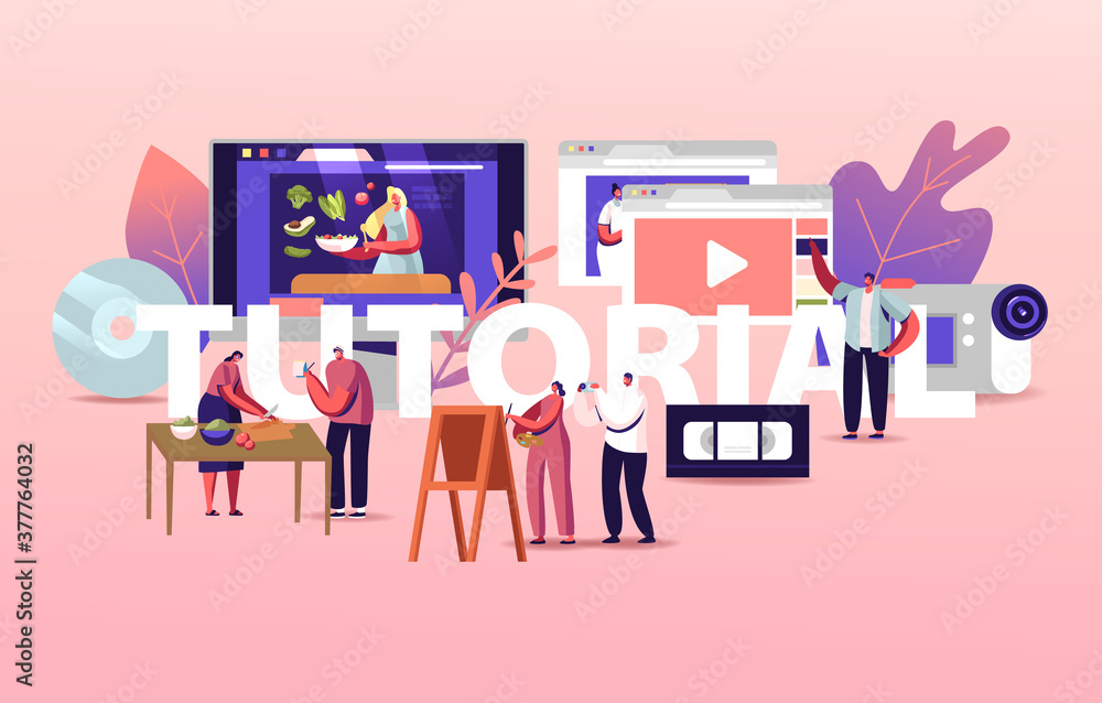 Poster characters watch video online tutorial courses concept. students learn via internet, classes on pc, 