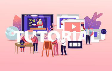 Characters Watch Video Online Tutorial Courses Concept. Students Learn via Internet, Classes on Pc, Distance Learning