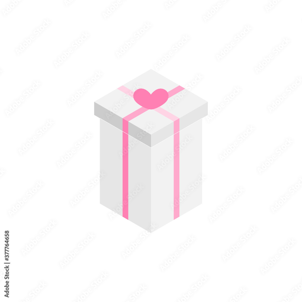 Poster present gift box with ribbon bows flat design illustration. isometric vector interface elements for 