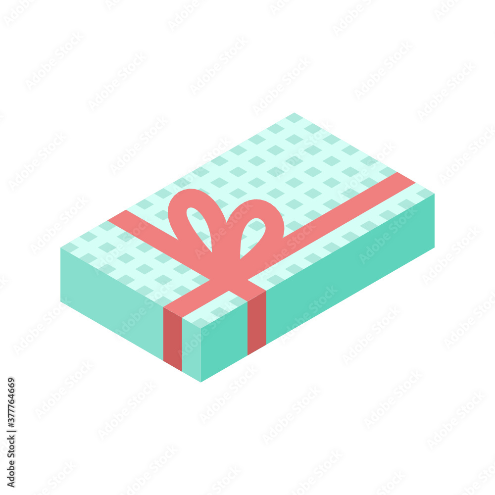 Poster present gift box with ribbon bows flat design illustration. isometric vector interface elements for 