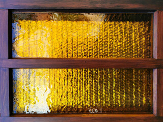 Window with wood and yellow reflection background. For presentation