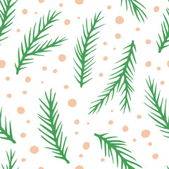 Vector seamless pattern with hand drawn spruce branches and snow. Cute design for Christmas wrappings, textile and backgrounds