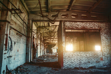 Old abandoned industrial building interior, forgotten room, horror atmosphere.