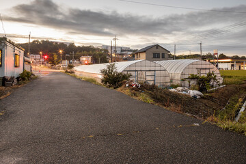 Fototapeta na wymiar Empty roadway through rural Japan in quiet predawn hour