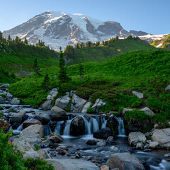 Stream Tumbles Over Rocks with Mount Rainier