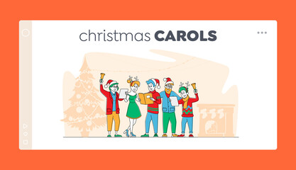 Friends Company or Family Caroling at Eve Night Landing Page Template. Christmas Characters in Hats Singing Xmas Carols