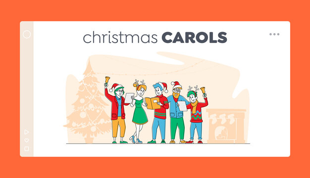 Friends Company Or Family Caroling At Eve Night Landing Page Template. Christmas Characters In Hats Singing Xmas Carols