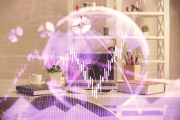 Double exposure of financial graph drawing and office interior background. Concept of stock market.