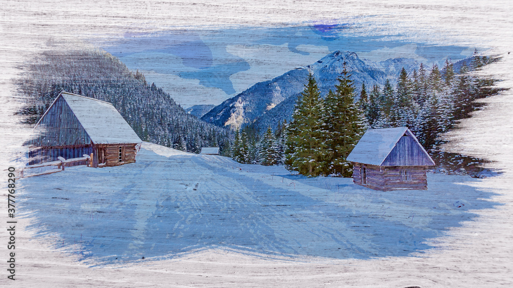 Wall mural snowy wooden cottages in winter, tatra mountains, watercolor painting