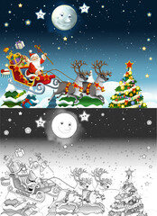 Fototapeta premium cartoon sketch scene with santa flying with reindeers deers