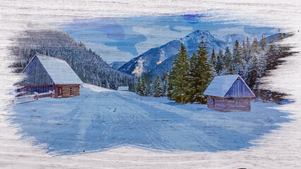 Snowy wooden cottages in winter, Tatra Mountains, watercolor painting