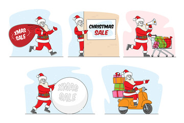 Set of Santa Claus Christmas Sale Announcement. Xmas Character in Red Festive Costume Holding Banners with Advertising