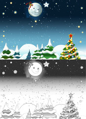 cartoon sketch scene with happy smiling moon and stars - illustration