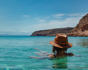 Young unrecognizable woman with hat floating at the beach in sunny Mexico at Espiritu Santo Island.