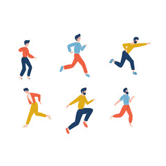 Set of running men in casual clothes. Young male jogging. Young male character run, sport walk runner flat vector illustration.