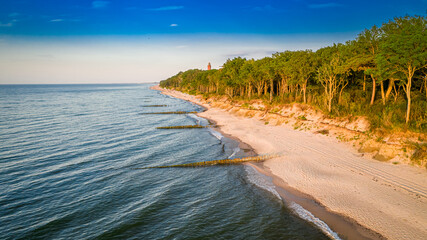 Stunning sunset on Baltic Sea in summer, aerial view, Poland