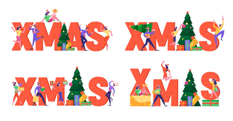 Set of Xmas Corporate Party Posters with Typography. Winter Season Holidays, Business Characters Celebrating Christmas