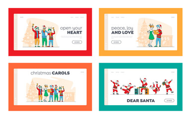 Friends, Happy Family Caroling at Eve Night Landing Page Template Set. Christmas Characters in Hats Singing Xmas Carols