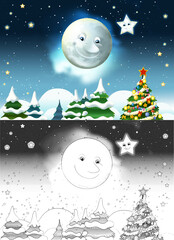 Fototapeta premium cartoon sketch scene with happy smiling moon and stars - illustration