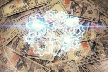 Obraz premium Multi exposure of business theme drawing over us dollars bill background. Concept of financial success.