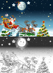 cartoon sketch scene with santa flying with reindeers deers