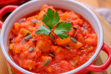 Vegetable stew in a beautiful red saucepan.