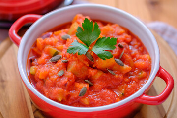 Vegetable stew in a beautiful red saucepan.