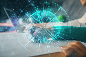 Double exposure of business theme drawing over people taking notes background. Concept of financial world