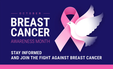 Obraz premium Breast Cancer Awareness month October. Vector conceptual illustration for Breast Cancer Awareness event poster or banner. Pink ribbon, white dove of hope, dark blue background