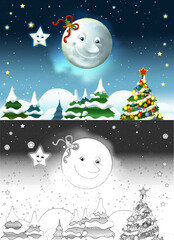 cartoon sketch scene with happy smiling moon and stars - illustration