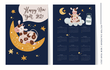 Christmas cute cartoon cow vector 2021 calendar template illustration with hand drawn animals and decorations. New Year 2021 ornate greeting gift poster for a3, a4, a5 sizes.