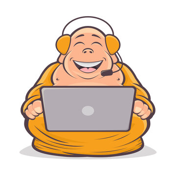 funny cartoon illustration of a happy buddha working with a laptop computer