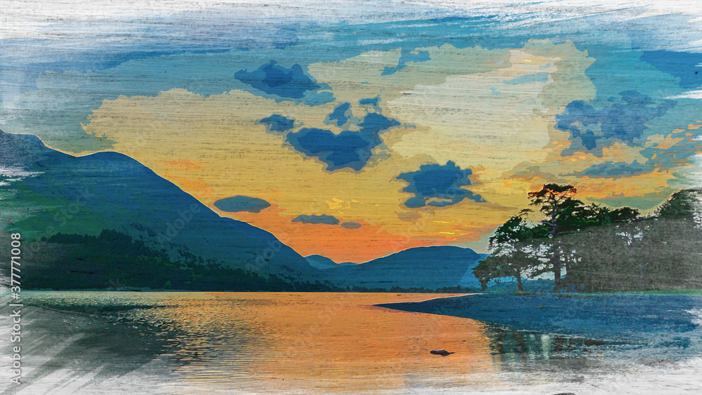 Wall mural watercolor painting of dusk at lake in district lake, england