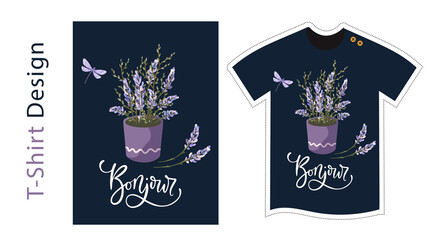 Vector t shirt design vector template for kids and adults. Cute lavender detailed illustration. Textile graphic tee hand drawn lettering print - Bonjour. Floral lady nature illustration. © trihubova