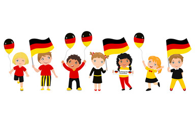 Children holding German flags and balloons with symbols of Germany. Vector illustration. Modern design template