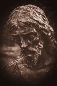 Conceptual image: unbearable pain in mind. Close up portrait  of Jesus Christ. Retro styled image.