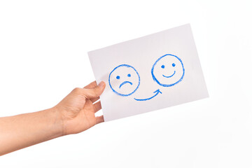 Cardboard banner with sad and happy face, depression problems over isolated white background