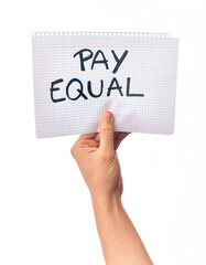 Cardboard banner protesting for equal payment for women and men over isolated white background