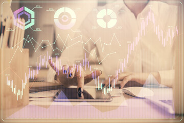 Double exposure of forex chart sketch hologram and woman holding and using a mobile device. Financial market concept.