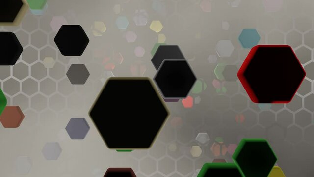 Colorful hexagons are falling to honeycomb like sieve with smoke (3D Rendering)