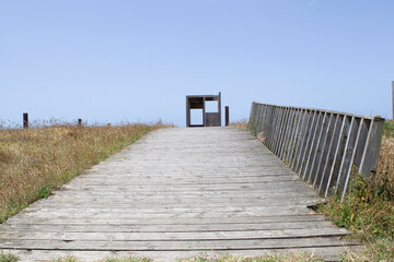 Obraz premium Wooden walkway with hut in the background