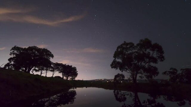 A time lapse of the stars over rural Australian landscape with a gum trees in the foreground and the reflection of the night sky in the water of a dam.