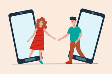 Online dating app concept. Man and woman meeting in social network. Virtual love, long distance relationship. Vector illustration in flat style