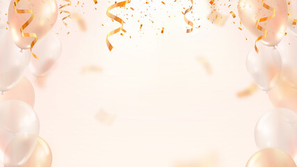 Holiday celebration vector illustration template. Empty light background with balloons and confetti for party or festival