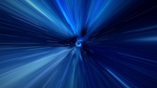 Warp tunnel wormhole moving in hyperspace, abstract blue energy vortex flying straight in loop.