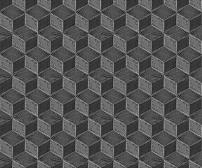 Seamless silver geometric embroidery cube pattern, 3d metal background