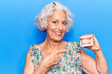 Senior grey-haired woman holding denture smiling happy pointing with hand and finger