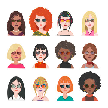 Set of Women Avatars. Twelve Characters from Different Subcultures and Social Strata. Beautiful Women with Sunglasses. Diversity of Cultures. Vector Illustration.