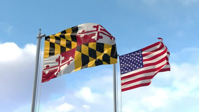 Maryland and USA Flags on a flagpole realistic wave on wind. The State of Maryland in The United States of America. Annapolis. Baltimore. Luma Mattes for background cutting.