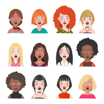 Set of Woman Avatars. Twelve Characters from Different Subcultures and Social Strata. Surprised Beautiful Women. Diversity of Cultures. Vector Illustration.